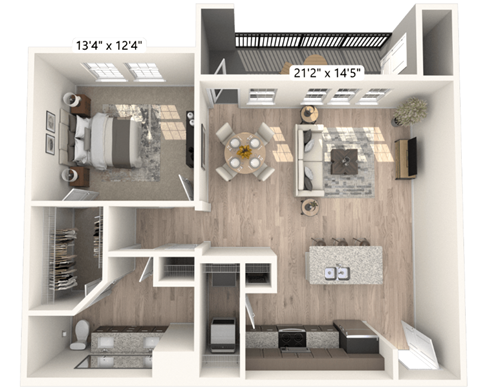 A 21'2" x 14'5" floor plan of a house with a living room, kitchen, and dining area.